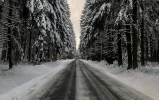 Eine unbefahrende düstere Straße im Wald im Winter.