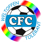 Das Logo des CFC Fans gegen Rassismus. Ein Fußball vor einem Regenbogen mit dem Schriftzug "CFC Weltoffen Tolerant"