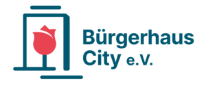 Das Logo des Bürgerhaus City e.V. Eine rote stilisierte Rose in einem blauen Rahmen