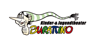 Logo des Kinder- und Jugendtheaters Burattino. Bunter Schriftzug mit einer Figurendarstellung mit Zipfelmütze